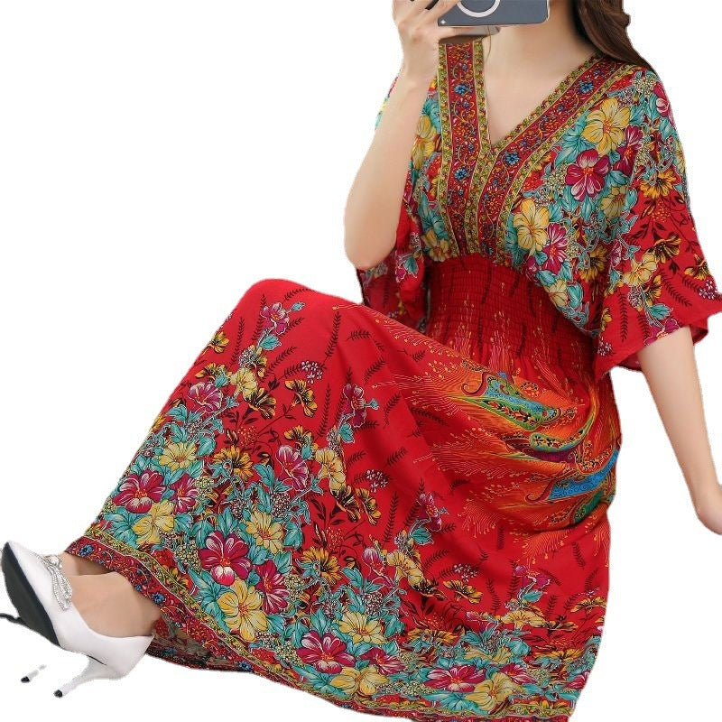 Women's Vintage Printed Cotton Silk Floral Dress