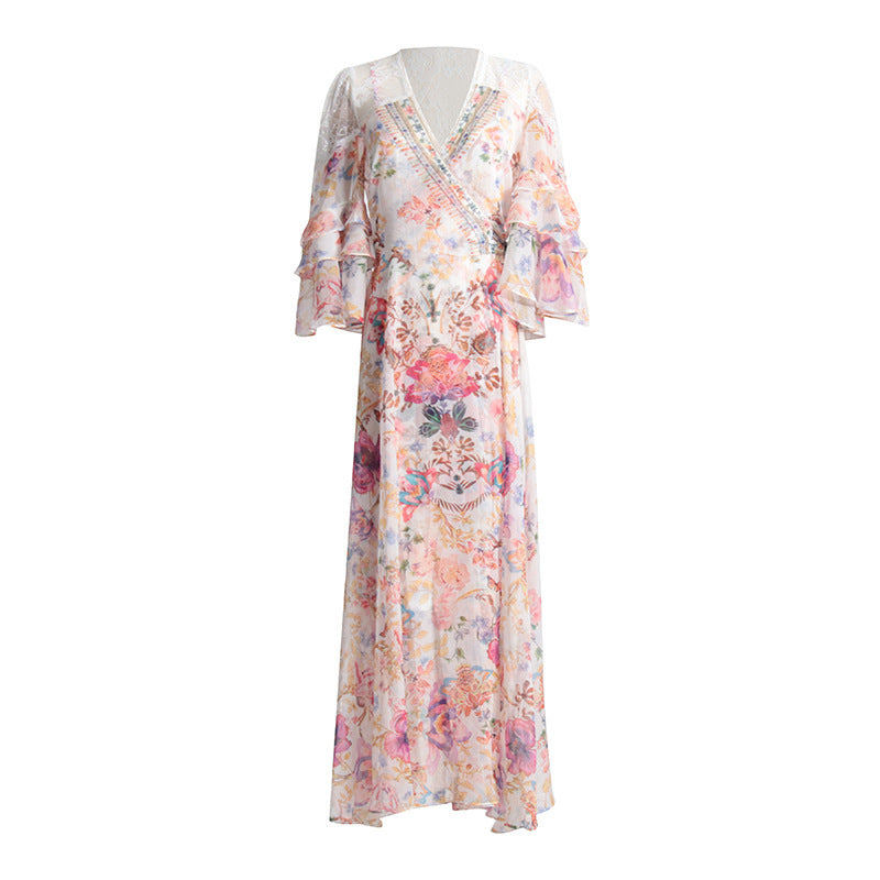 Robe de fée Style vacances, col en v, taille à lacets, longue, florale, amincissante, pour femmes