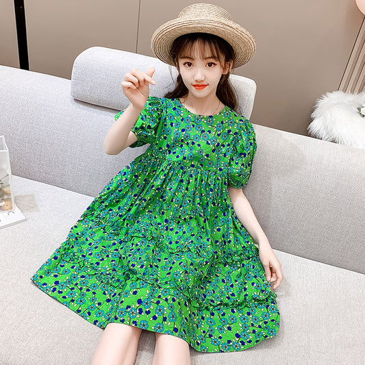 Robe d'été à fleurs en pur coton pour filles, manches courtes