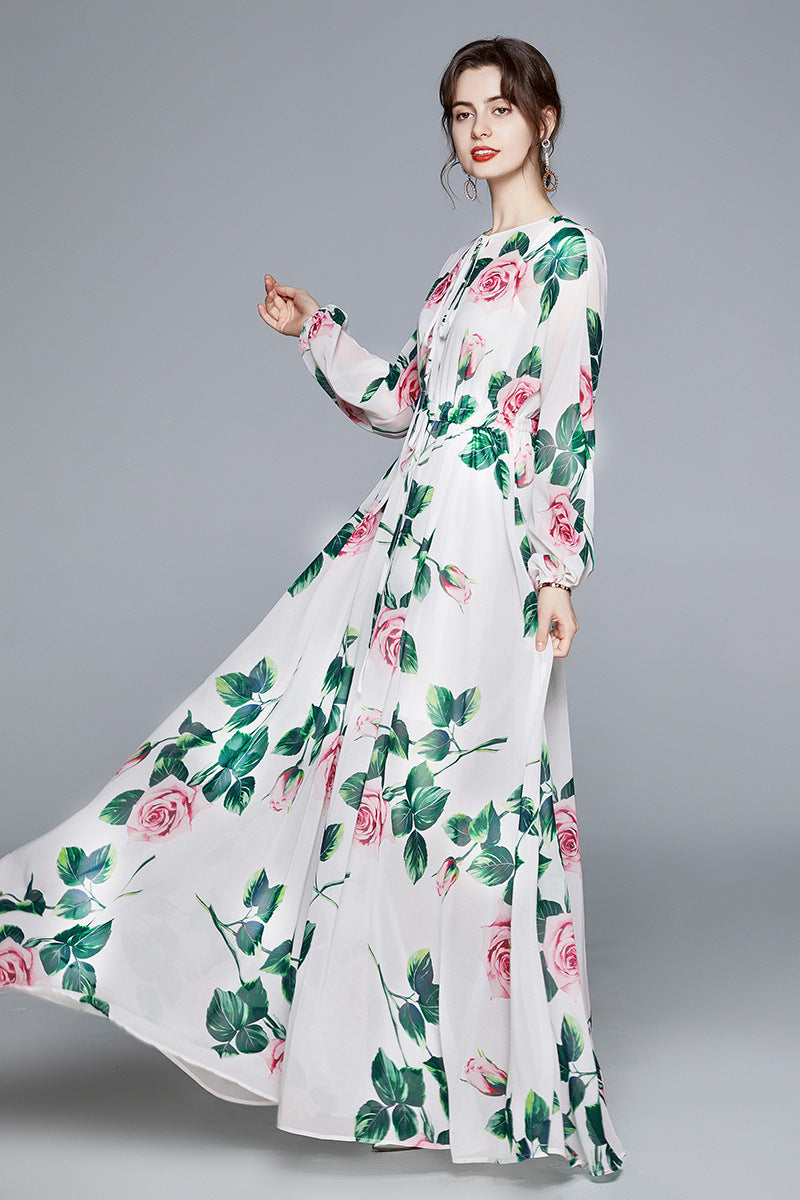 Robe trapèze à fleurs roses, robe élégante en mousseline imprimée