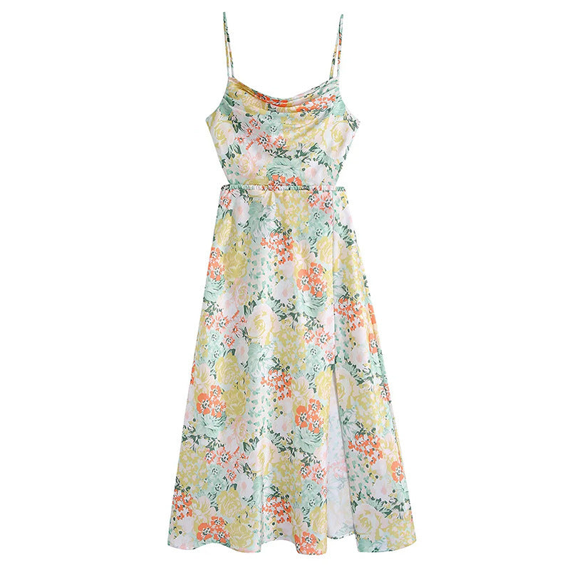 Vestido con abertura floral y tirantes temperamento para mujer