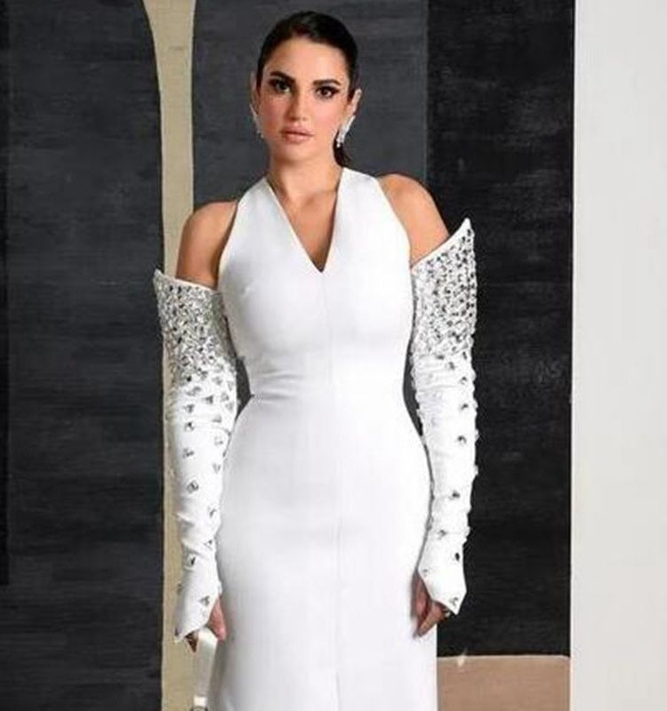 Vestido ajustado con tachuelas de diamantes y cuello en V a la moda con temperamento para mujer