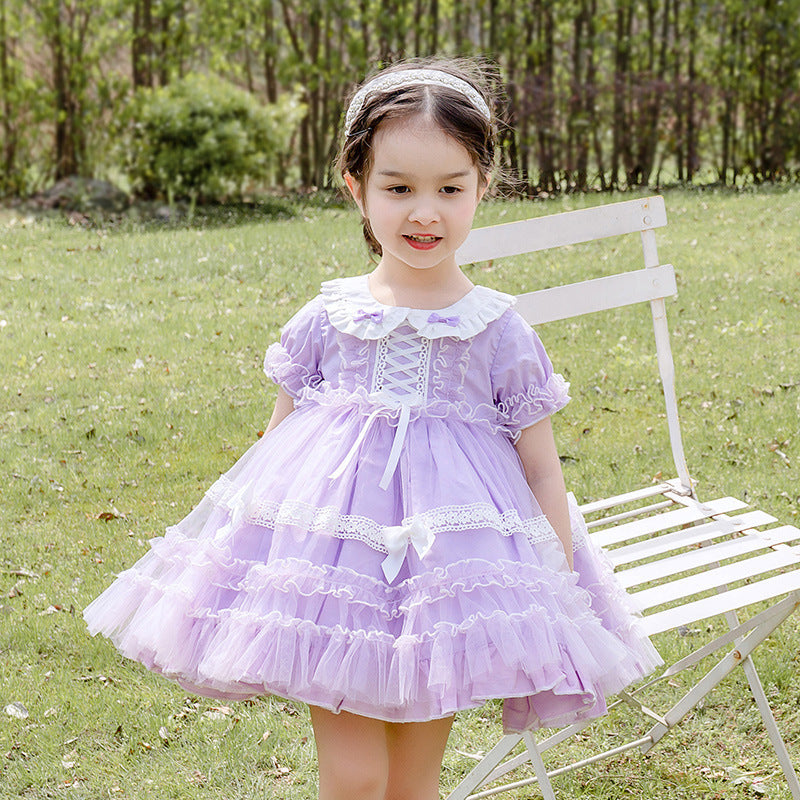 Robe de fée à manches courtes pour filles, en maille et dentelle, princesse bouffante