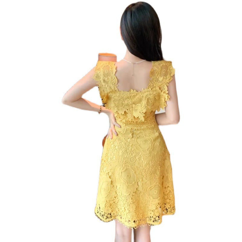 Large Flower Cut Elegant Waist A Line Daily Dress