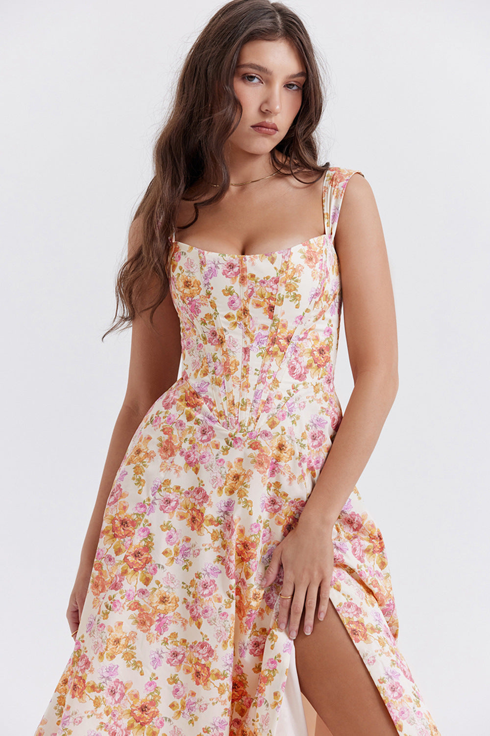 Robe florale fendue à bretelles sexy et amincissante contrôlée par la taille