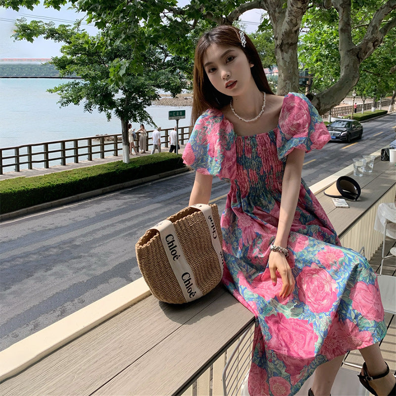 Vestido de verano con cuello cuadrado y flores francesas para mujer