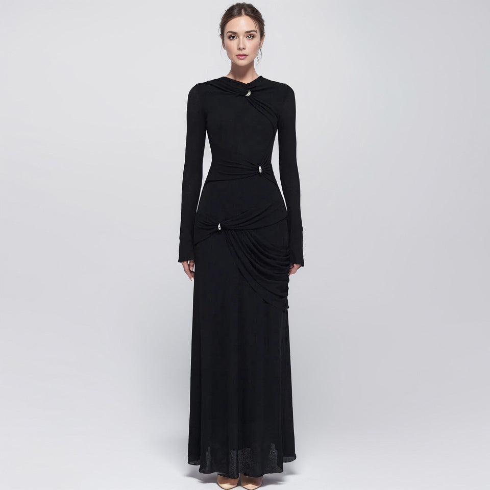 Women's Metal Knot Pleated Design Slim-fit Long Sleeve Dress