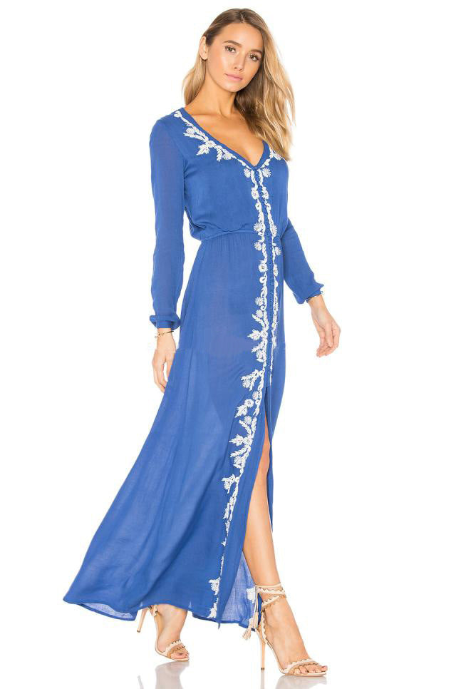 Women's Embroidered Flower V-Neck Long Dress