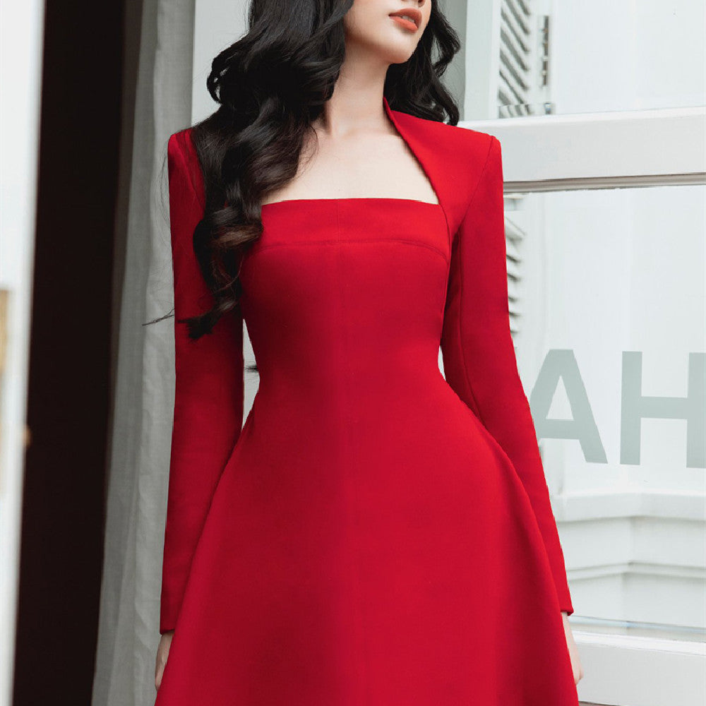 Women's Fashion Red Long-sleeved Dress