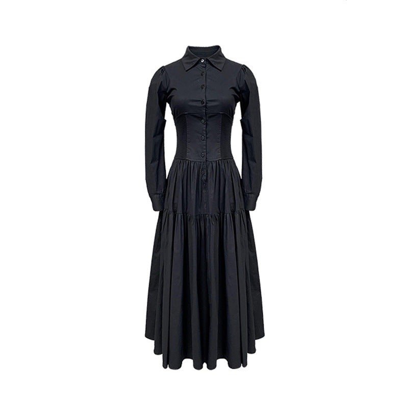 Black French Style Retro Elegant Hepburn Style Shirt Dress