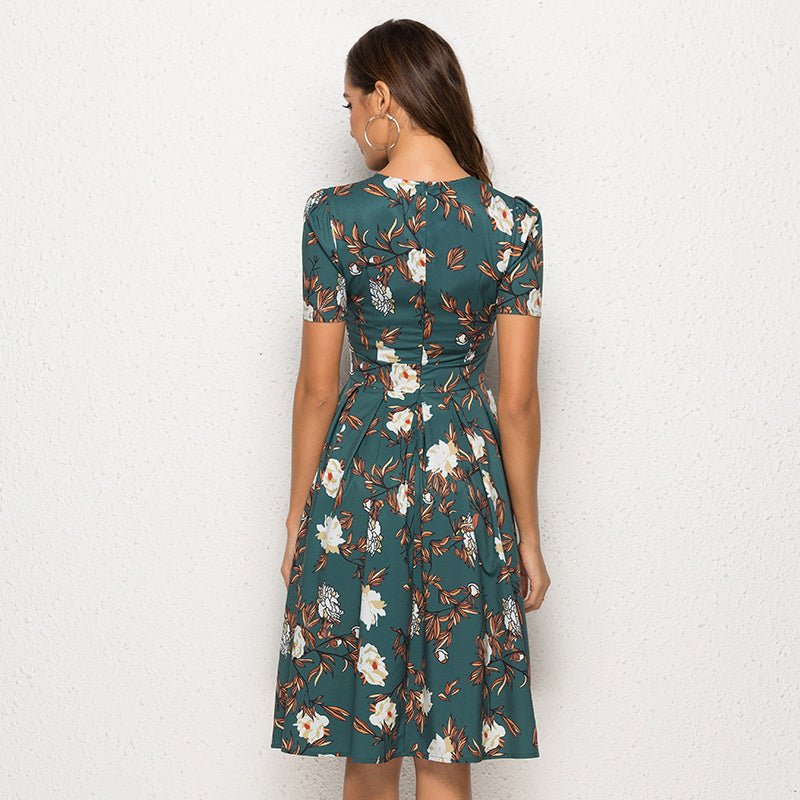 Robe fleurie femme verte à manches courtes