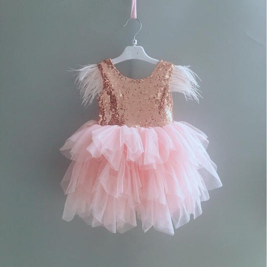 Mode princesse bébé plume robe fête d'anniversaire enfant en bas âge fille