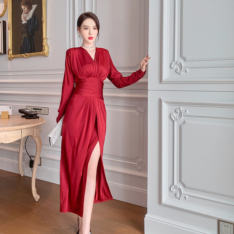 Robe rouge à manches longues et col en V pour femmes, taille française