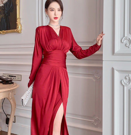 Robe rouge à manches longues et col en V pour femmes, taille française