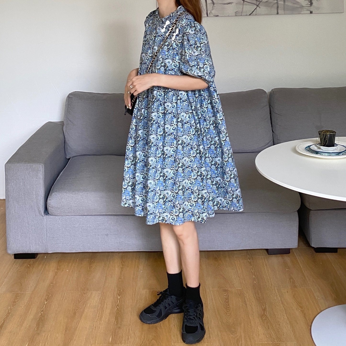 Bubble sleeves show thin Floral Dress