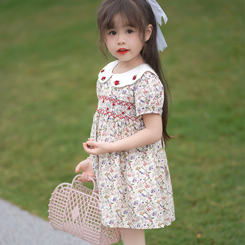 Robe d'été pour filles, tenue de princesse brodée à la main, col de poupée, vêtements floraux pour enfants, en coton, nouvelle collection