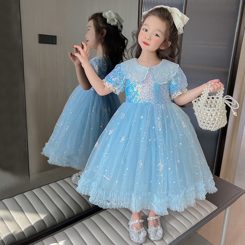 Robe d'anniversaire pour filles, col de poupée, robe de princesse parapluie à paillettes