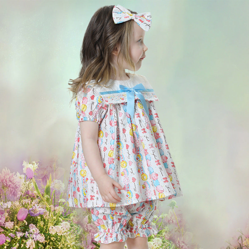 Summer New Children's Lapel Princess Dress Macaron Print Two Piece Set