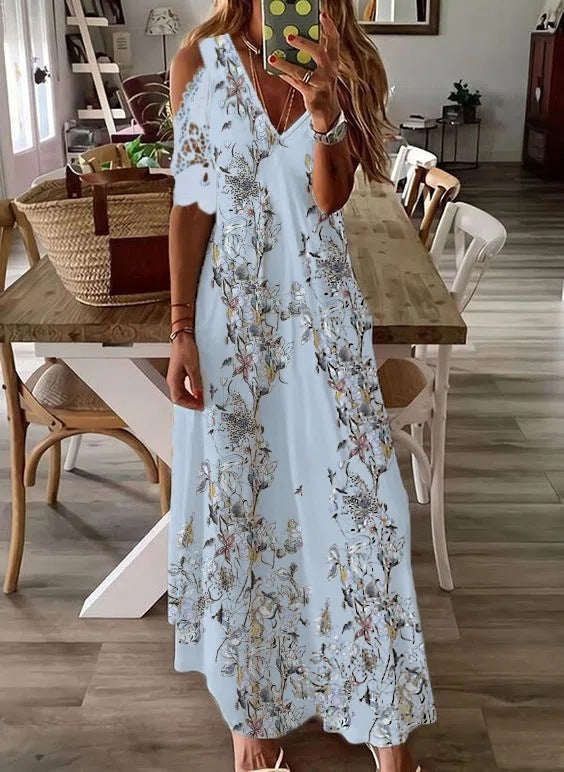 Vestido bohemio estampado floral de manga corta de verano para mujer