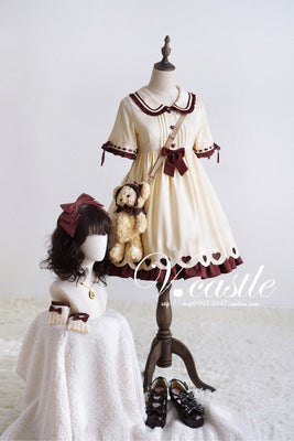 Caramel Pudding Women's Cute Beige Lolita Dress Short Sleeve Heart Buttons Summer One Piece Color Beige