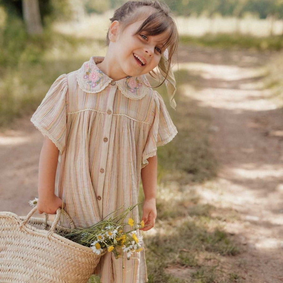 Robe d'été pour enfants, Style ethnique, vacances, motif Floral, revers, bord en dentelle