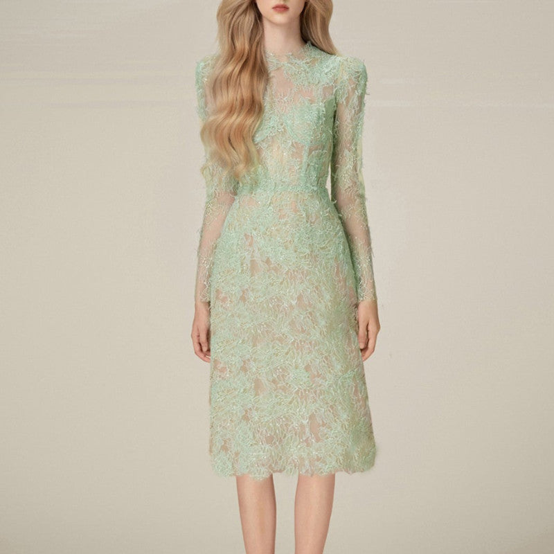 Sequin Embroider Super Slim Lace Mid-length Dress