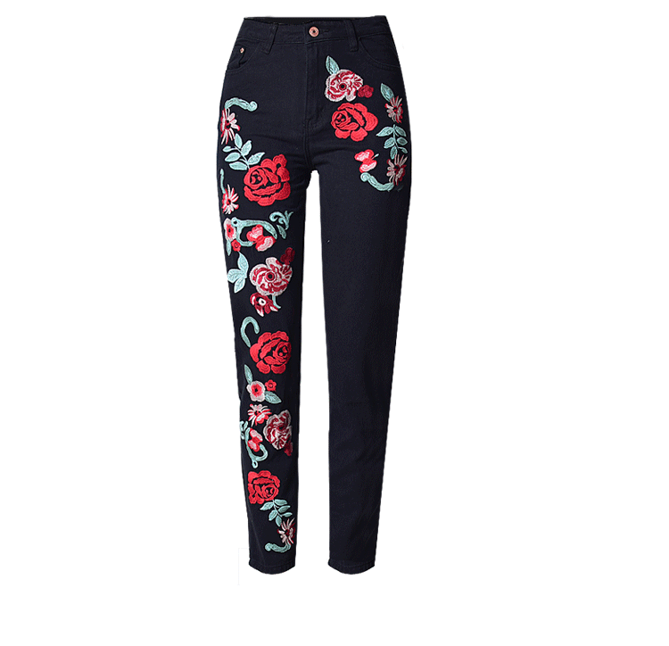 Ropa de mujer Pantalones vaqueros holgados de pierna recta con bordado de rosas de colores para mujer, tallas grandes disponibles a principios de primavera