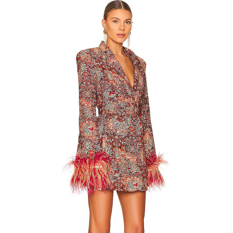 Women's V-neck Floral Cuff Feather Dress And Coat