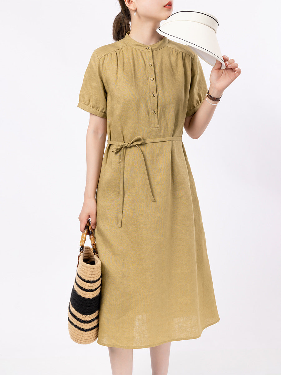 Short Sleeve Linen Dress Women Loose Casual Lace Up Midi Skirt