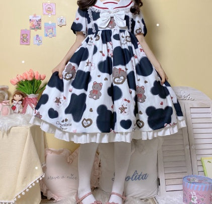 Lolita Cow Bear OP Flower Bud Short Sleeve Dress Summer