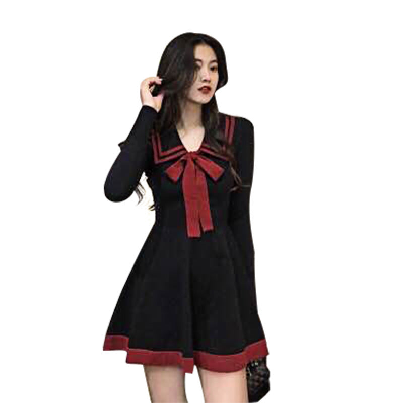 Robe mignonne avec nœud, mode, manches longues, revers, tricotée, Style classique pour femmes