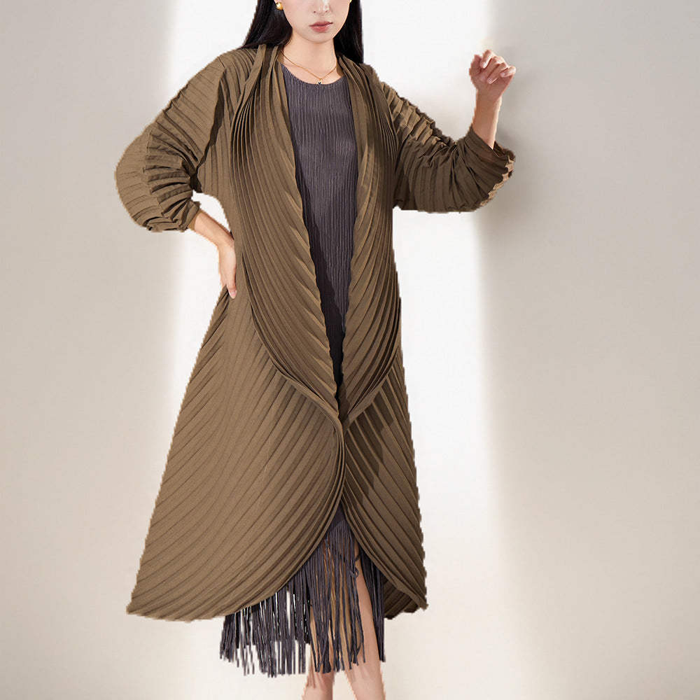 Manual Crimping Female Long Trench Coat