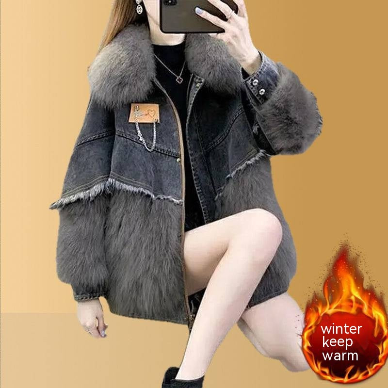 Denim Imitation Fox Fur Young Parka Women's Mid-length Fur Imitation Down