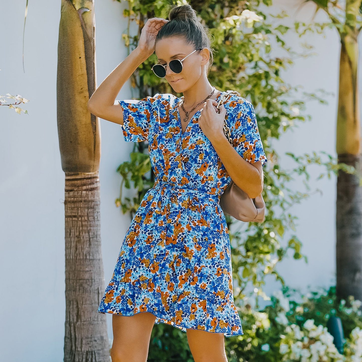 Vestido de gasa floral de manga corta para mujer