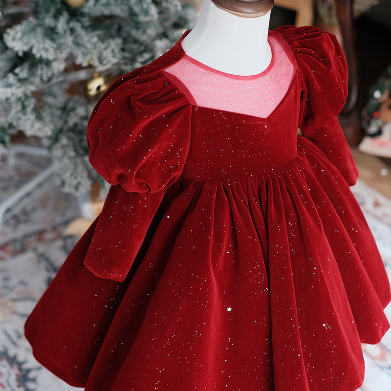 Falda de princesa de boda de niña de flores de manga larga de verano rojo vino