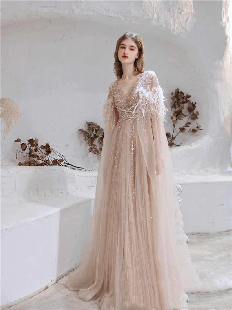 Two-piece Long Feather Shawl Evening Dress