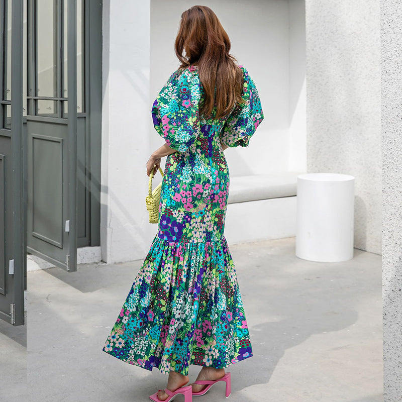 Vestido floral francés con mangas de burbuja de verano para mujer