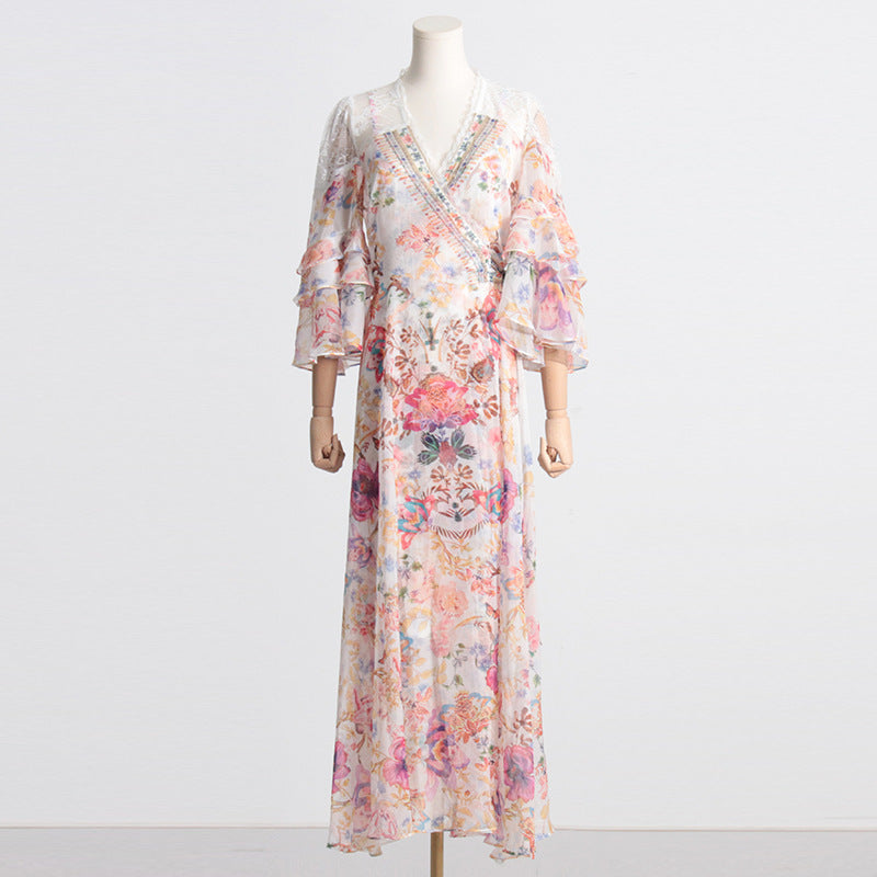 Robe de fée Style vacances, col en v, taille à lacets, longue, florale, amincissante, pour femmes