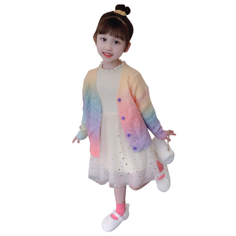 Manteau cardigan tricoté arc-en-ciel pour fille, printemps et automne