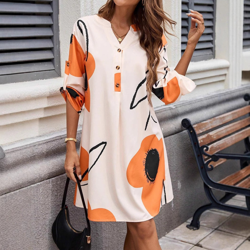 V-neck Long Sleeve Shirt Dress Women