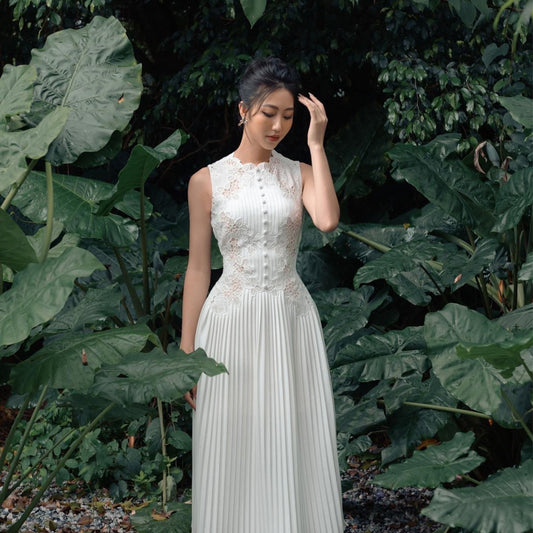 Robe plissée sans manches en dentelle soluble dans l'eau blanche, jupe à fleurs brodée, printemps et été