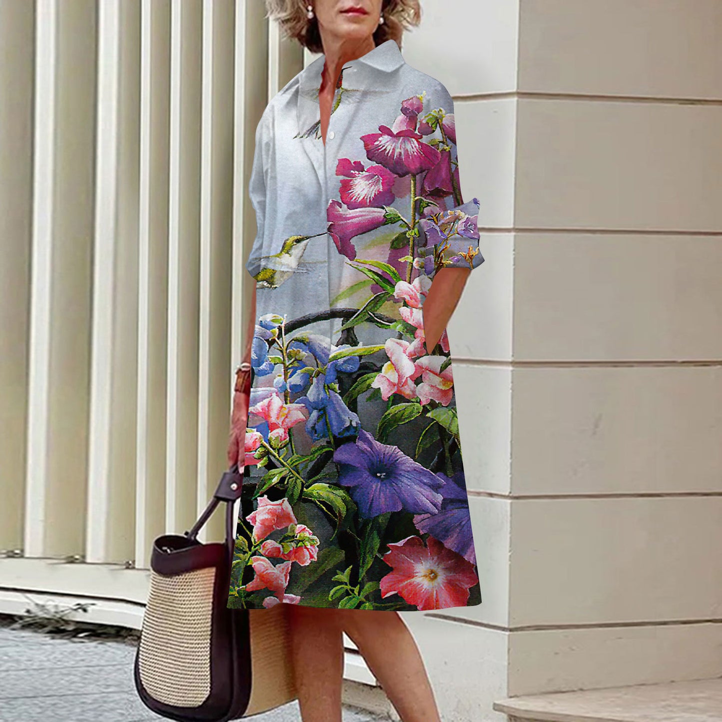 Women's Elegant Floral 3D Digital Printing Single Row Open Button Shirt Dress