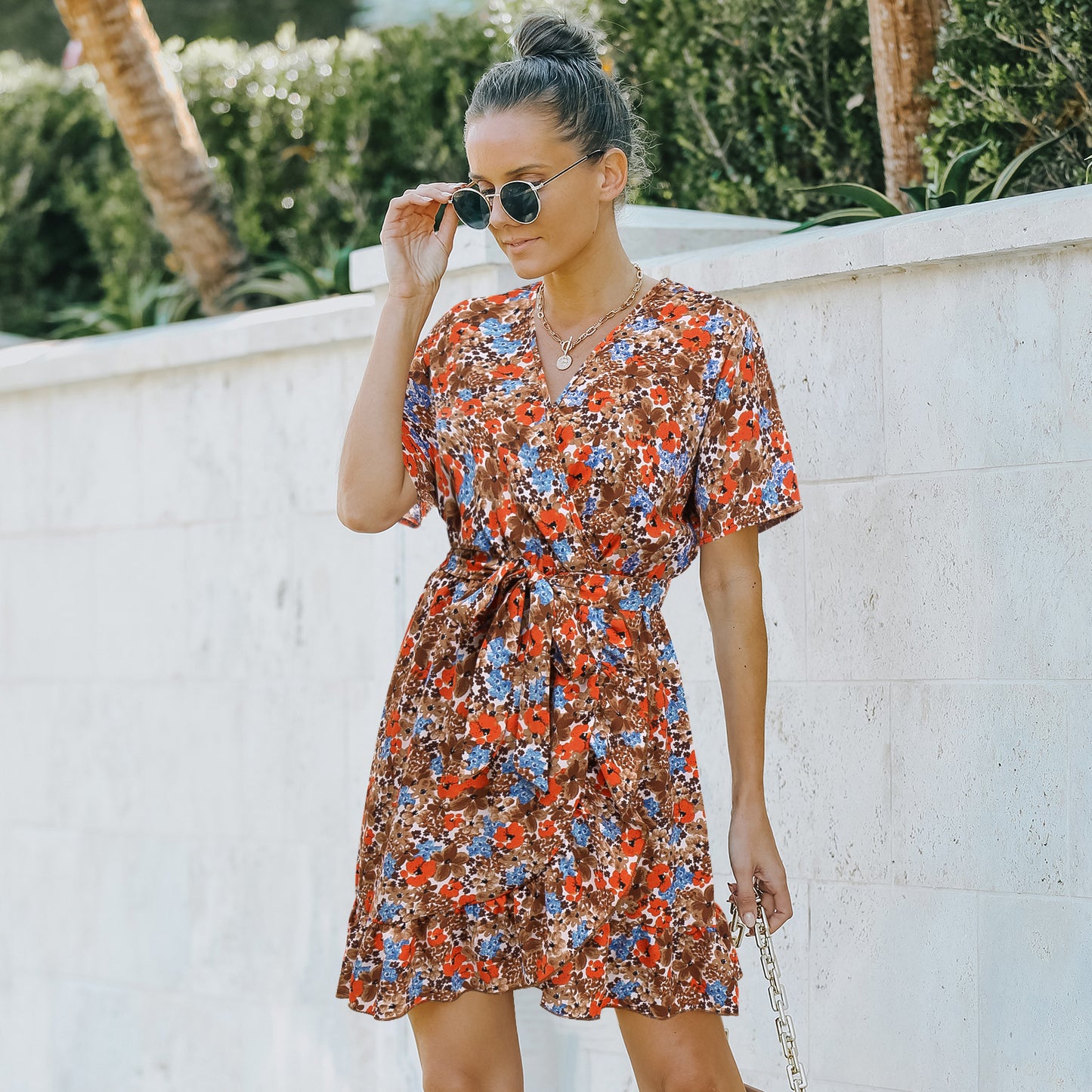 Vestido de gasa floral de manga corta para mujer