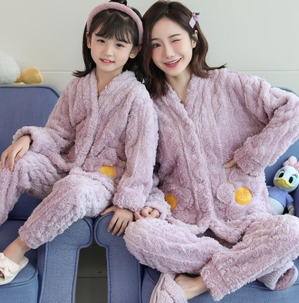 Pyjama en velours corail pour filles, ensemble de vêtements épais pour mère et fille, Parent-enfant