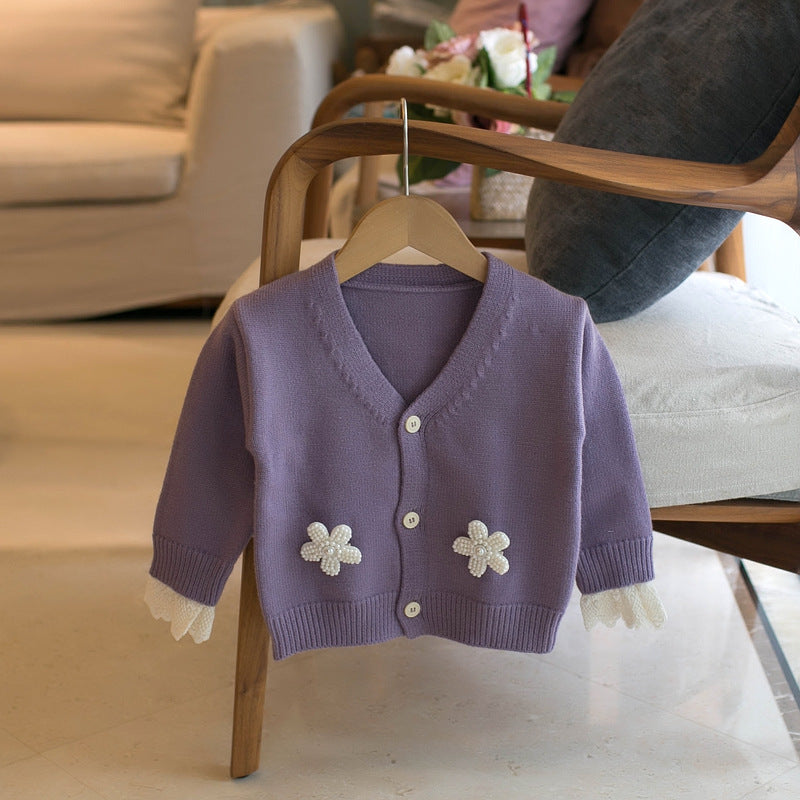 Children's Sweater Girls V-neck Floral Cardigan Sweater