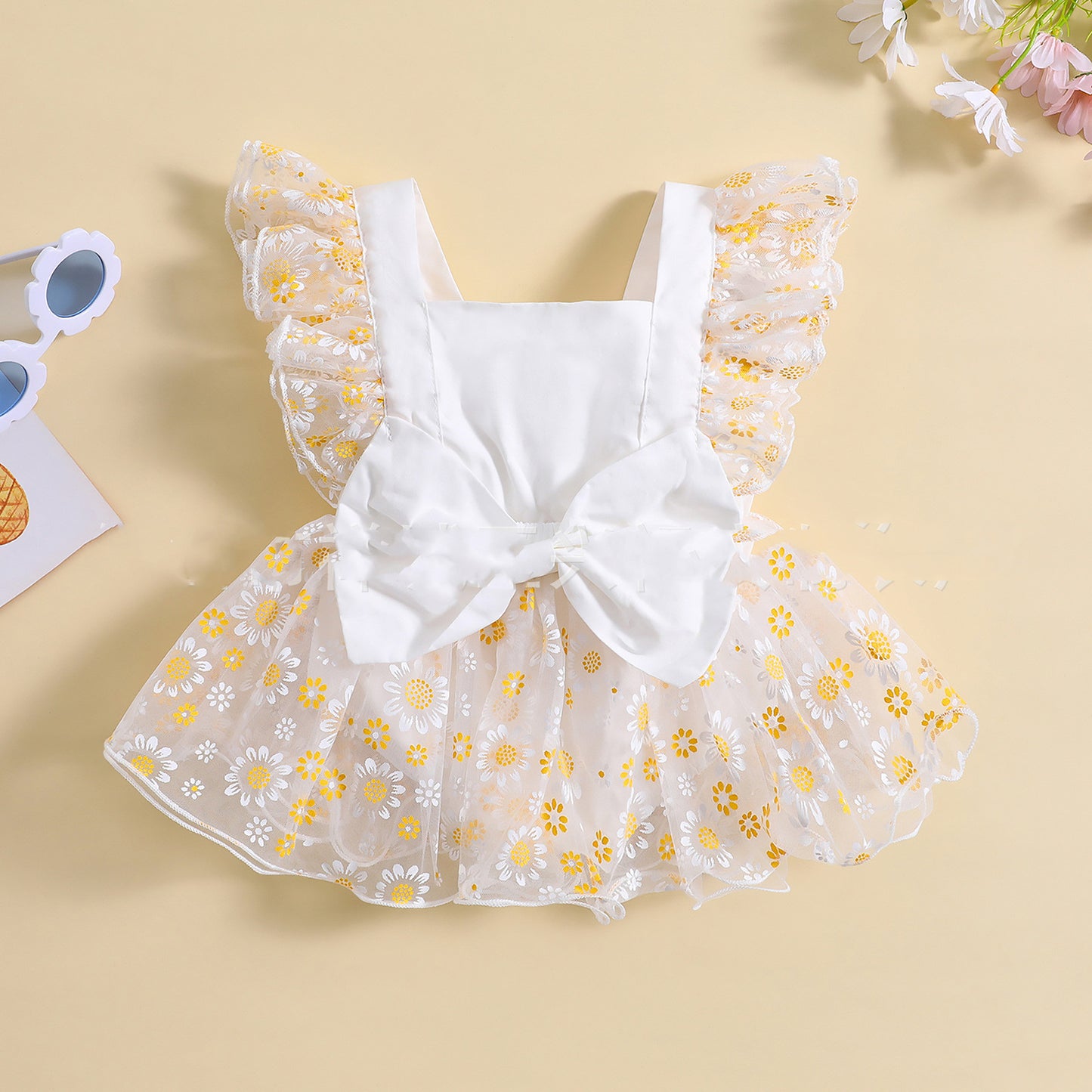 Vestido floral de manga con volantes de malla simple para niña de verano