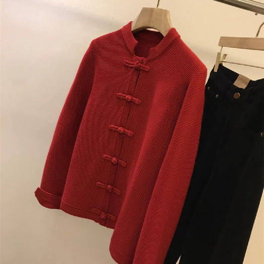 Cardigan tricoté rouge chinois avec boucle, nouveau Style chinois, pull pour femmes