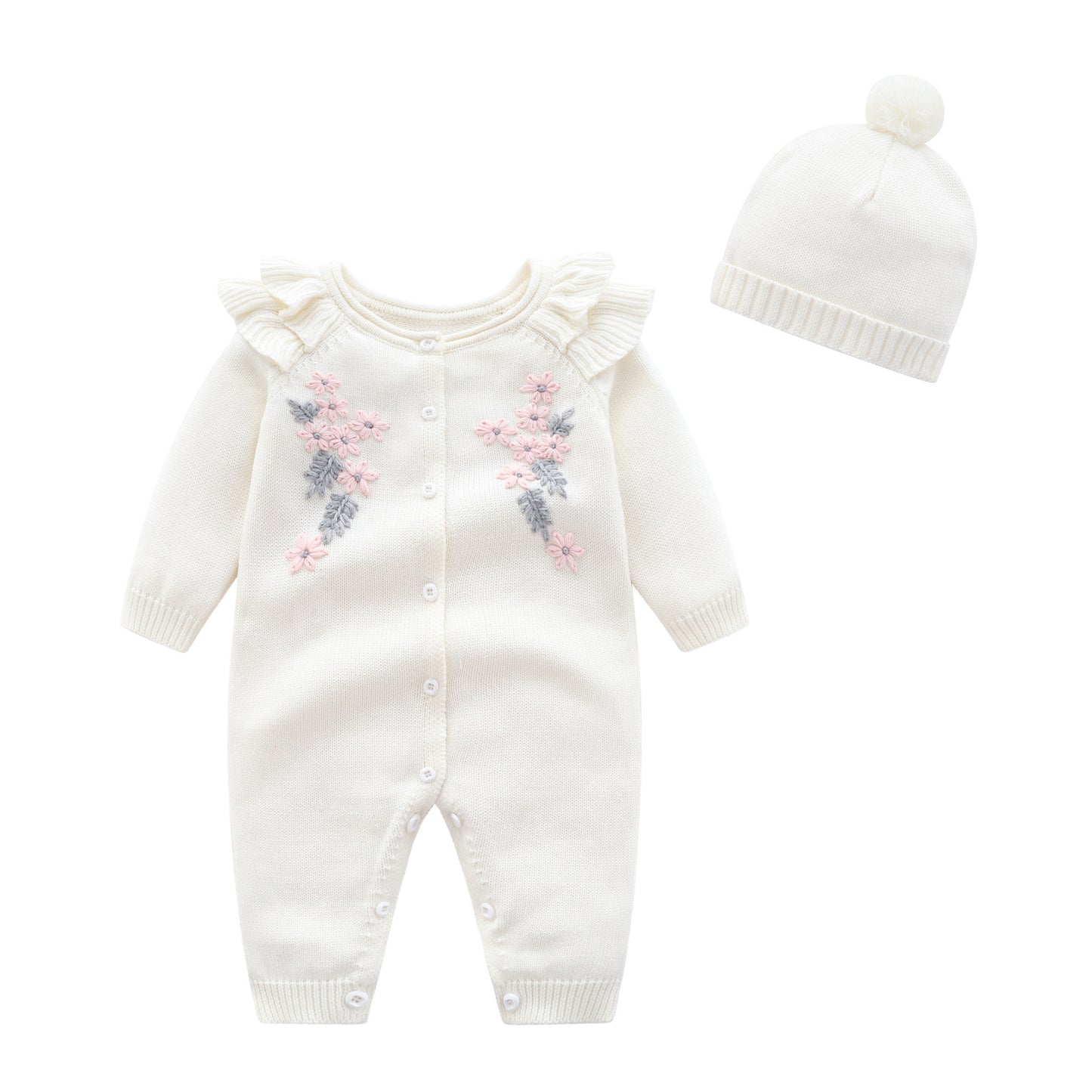 Baby Girl Princess Embroidered Flower Knit Romper Long Sleeve Onesie Jumpsuit