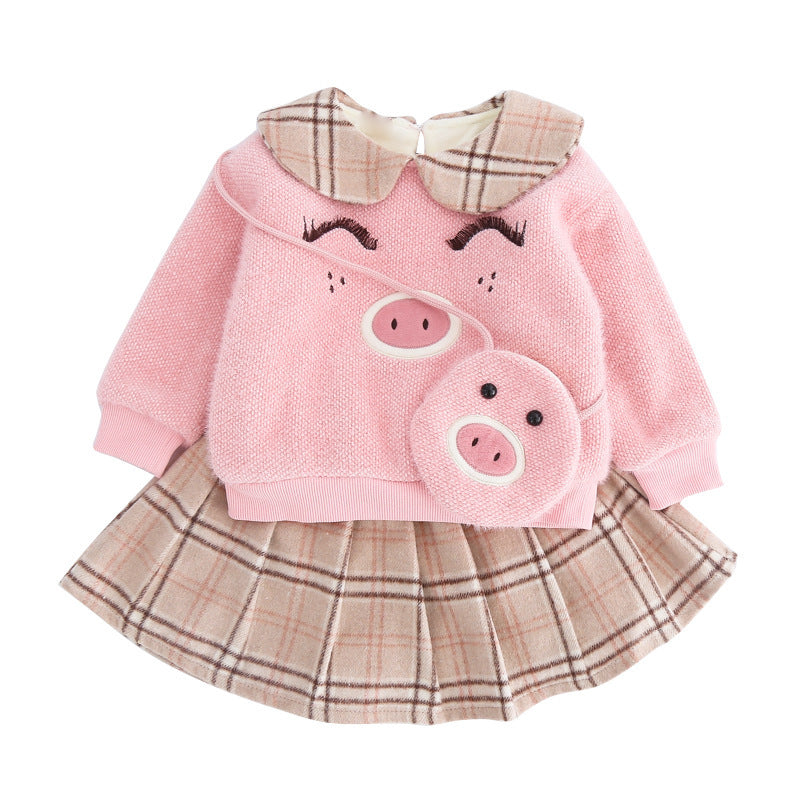 Costume jupe à carreaux pour fille, pull cochon