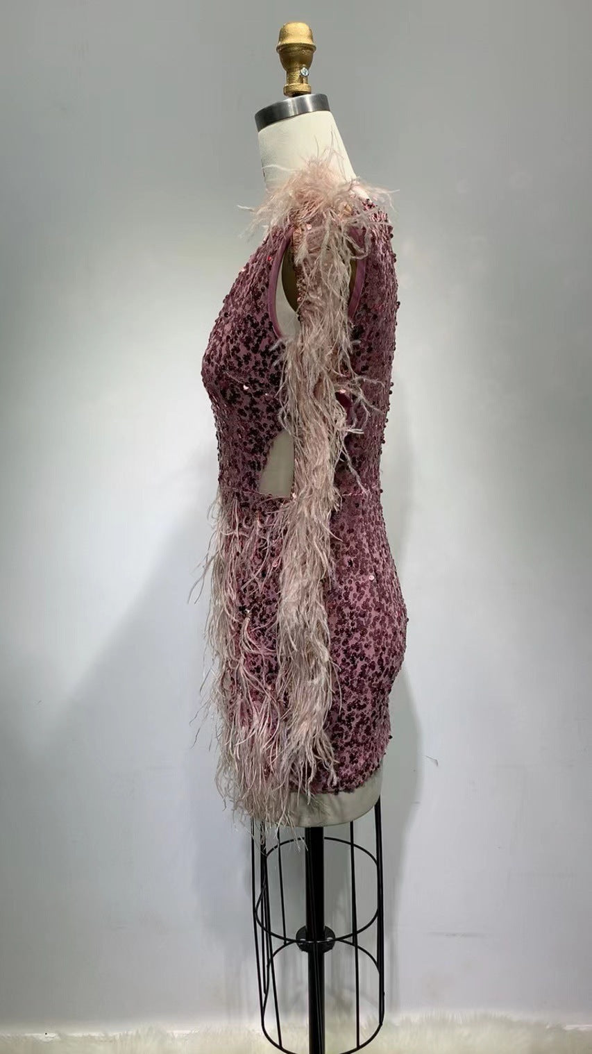 Vestido de plumas de gama alta, ajustado, escotado, con lentejuelas, manga larga, adelgazante, otoño